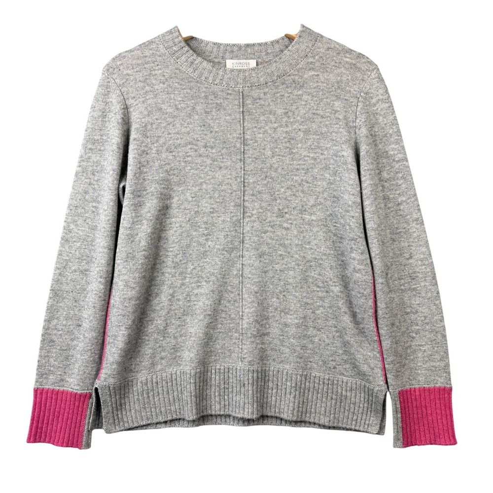 Kinross Cashmere Gray Pink Contrast Trim Crewneck Sweater Small 100% Cashmere